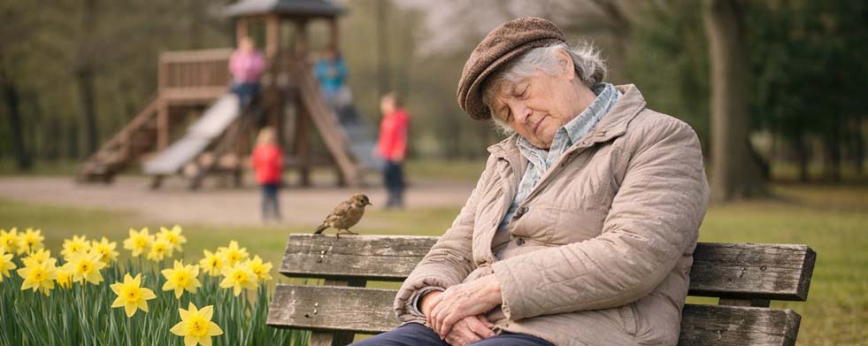 Eine Frau ist auf einer Parkbank eingeschlafen. Im Hintergrund spielende Kinder auf einem Spielplatz, vor ihr stehen einige Osterglocken. Auf der R&uuml;ckenlehne der Bank ist ein Spatz gelandet.