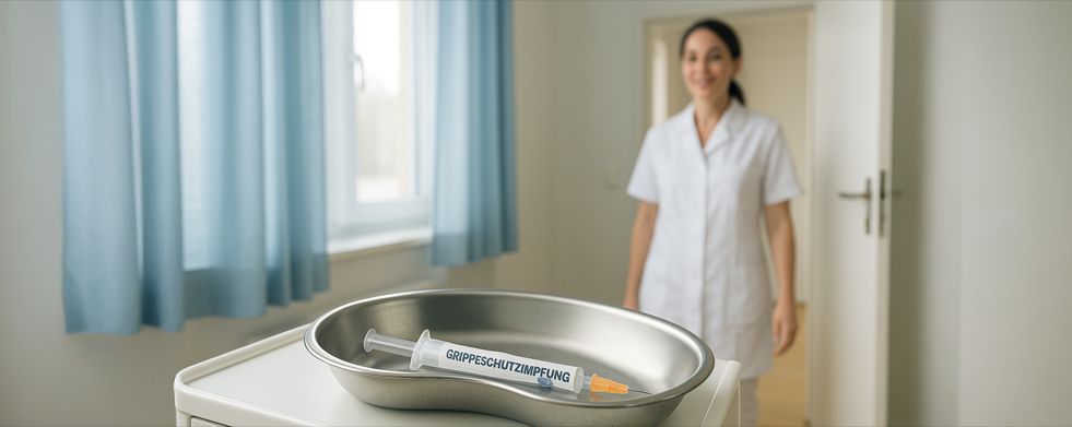 Impfdosis in einer Metallschale in der Arztpraxis