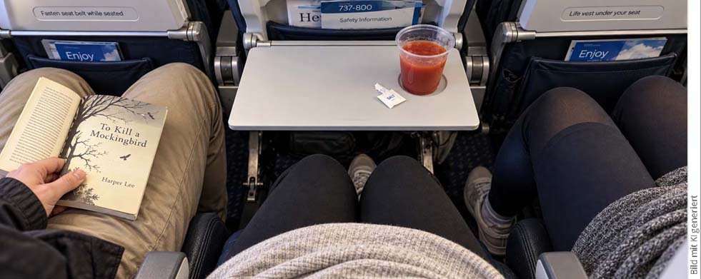 Eine Sitzreihe in einem Flugzeug. Es sind die Beine/Knie der Reisenden zu sehen und ein Teil des Vordersitzes. Beim mittleren Sitz ist der Tisch heruntergeklappt, darauf steht ein durchsichtiger Plastikbecher mit Tomatensaft. Ein aufgerissenes Papiertütchen mit Salz liegt daneben. Einer der Reisenden hält ein Buch auf dem Schoß in der Hand