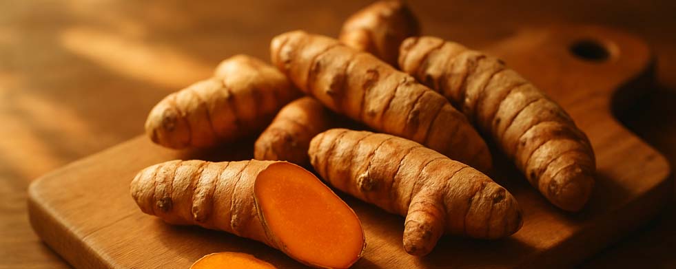 Kurkuma-Wurzeln, die auf einem Küchenbrettchen liegen.